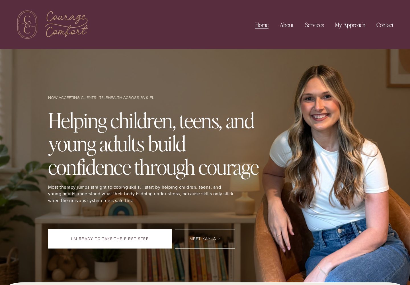 Homepage of courageovercomfort.org showing the child and teen therapy hero section
