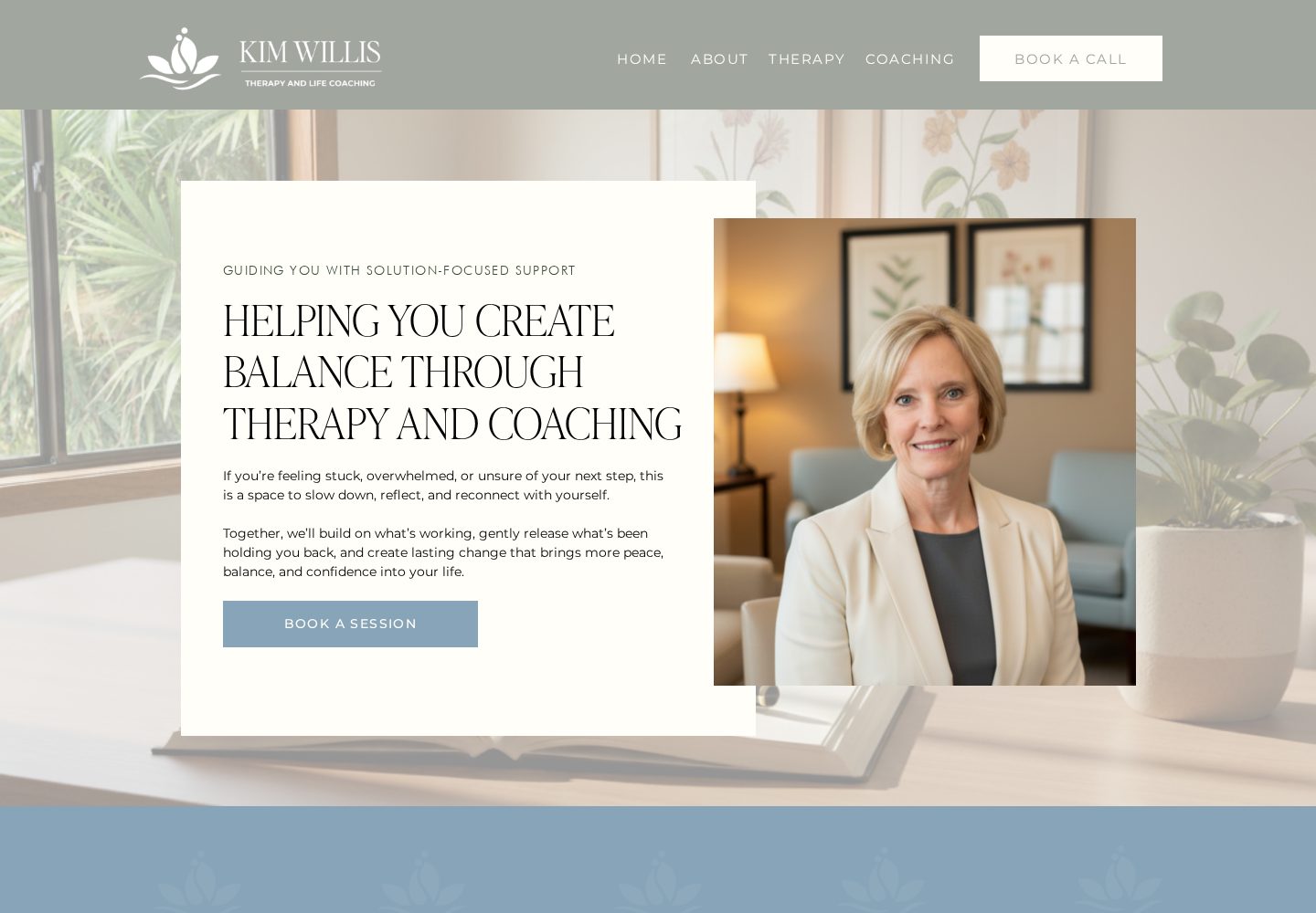 Homepage of kimwillislifecoach.com showing the hero headline and booking button